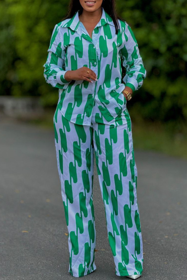 Green Casual Print Buckle Patchwork Turndown Collar Long Sleeve Two Pieces