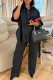 Black Casual Solid Color Buckle Patchwork Turndown Collar Half Sleeve Two Pieces