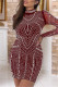 Burgundy Sexy Party Patchwork Hot Drill Half A Turtleneck Wrapped Skirt Dresses