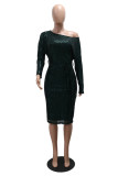 Purple Party Formal Solid Color Sequins Lace Up Oblique Collar Long Sleeve Dresses
