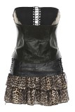 Coffee Sexy Hot Leopard Print Patchwork Backless Belted Strapless Sleeveless Two Pieces