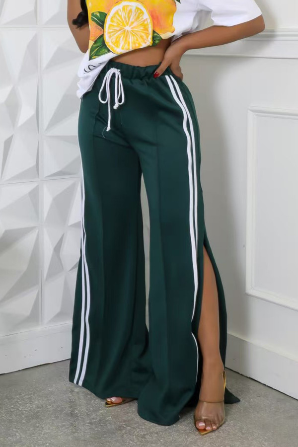 Ink Green Casual Draw String Patchwork High Slit Contrast Loose High Waist Wide Leg Patchwork Bottoms