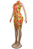 Blue Fashion Sexy Print Hot Drill Turtleneck Sleeveless Dress
