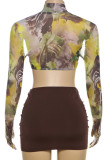 Brown Sexy Print Patchwork O Neck Long Sleeve Two Pieces