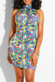 Blue Fashion Sexy Print Hot Drill Turtleneck Sleeveless Dress