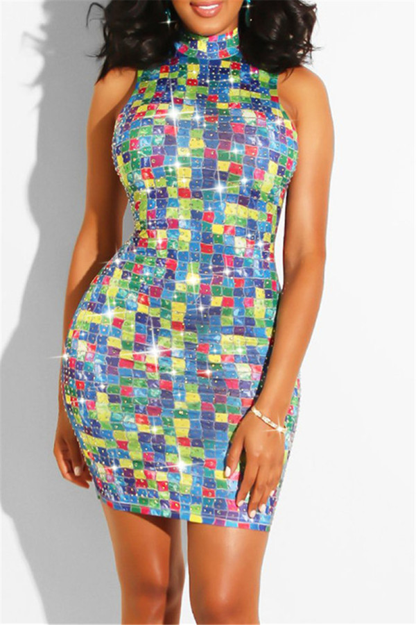 Blue Fashion Sexy Print Hot Drill Turtleneck Sleeveless Dress