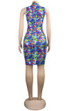 Blue Fashion Sexy Print Hot Drill Turtleneck Sleeveless Dress