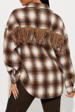 Coffee Casual Plaid Buckle Patchwork Turndown Collar Outerwear