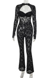 Black Sexy Solid Color Hollow Out Patchwork Slit O Neck Regular Jumpsuits