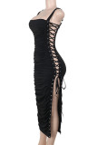 Black Sexy Solid Color Patchwork Backless Cross Straps Spaghetti Strap Sling Dresses