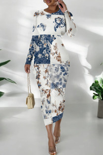 White Casual Print Patchwork O Neck Long Dresses