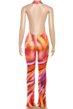 Orange Casual Print Patchwork Deep V Neck Skinny Jumpsuits