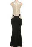 Black Sexy Patchwork Zipper Contrast O Neck Long Dresses