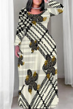 Black Apricot Casual Street Geometric Print Flowers Contrast O Neck Printed Plus Size Dresses