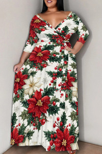 White Red Casual Print Patchwork Strap Design V Neck Long Plus Size Dresses