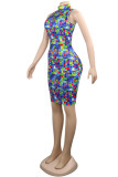 Blue Fashion Sexy Print Hot Drill Turtleneck Sleeveless Dress