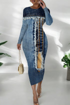 Baby Blue Casual Print Patchwork O Neck Long Dresses