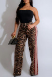 Leopard Print Casual Leopard Print Pocket Patchwork Loose High Waist Wide Leg Full Print Bottoms