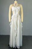 White Elegant Solid Color Hollow Out Patchwork Backless Ruffled Trim Halter Long Dresses
