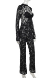 Black Sexy Solid Color Hollow Out Patchwork Slit O Neck Regular Jumpsuits