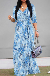 Blue White Casual Print Patchwork Strap Design V Neck Long Dresses