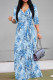 Blue White Casual Print Patchwork Strap Design V Neck Long Dresses