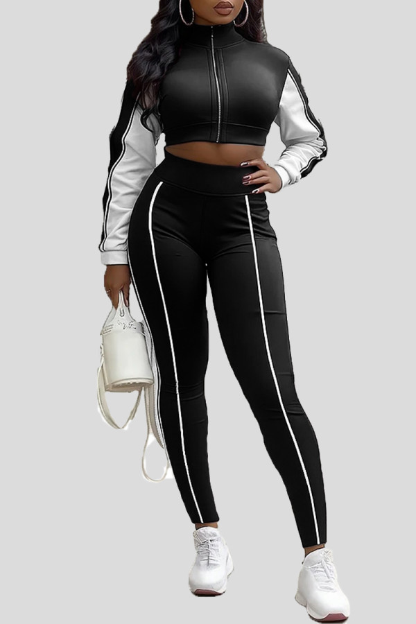 Black Casual Patchwork Zipper Contrast Zipper Collar Long Sleeve Two Pieces