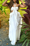 White Elegant Solid Color Hollow Out Patchwork Backless Ruffled Trim Halter Long Dresses