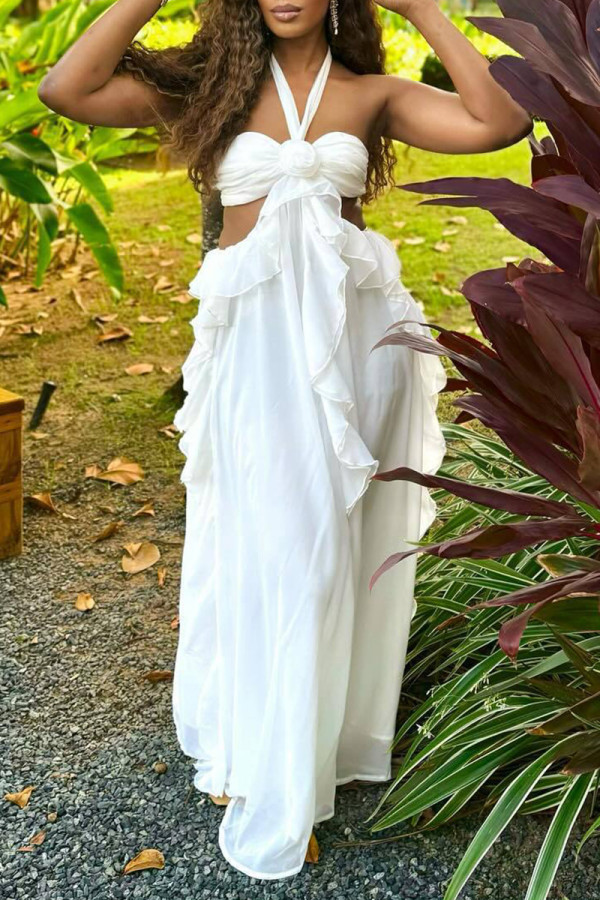 White Elegant Solid Color Hollow Out Patchwork Backless Ruffled Trim Halter Long Dresses