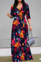 Tibetan Blue Casual Print Patchwork Strap Design V Neck Long Dresses