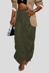 Green Casual Solid Color Pocket Patchwork Loose High Waist Patchwork Bottoms