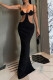 Black Sexy Solid Color Hollow Out Patchwork Slit Spaghetti Strap Sling Dresses