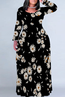 Black Casual Street Geometric Print Flowers Contrast O Neck Printed Plus Size Dresses