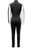 Black Casual Patchwork Zipper Contrast Zipper Collar Long Sleeve Two Pieces