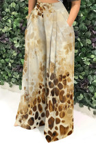 Khaki Casual Print Pocket Patchwork Loose High Waist Wide Leg Full Print Bottoms
