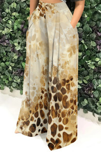 Khaki Casual Print Pocket Patchwork Loose High Waist Wide Leg Full Print Bottoms