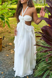 White Elegant Solid Color Hollow Out Patchwork Backless Ruffled Trim Halter Long Dresses