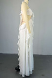 White Elegant Solid Color Hollow Out Patchwork Backless Ruffled Trim Halter Long Dresses