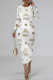 White Casual Street Letter Print Contrast O Neck Printed Dresses