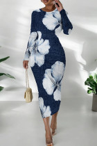 Blue White Casual Print Patchwork O Neck Long Dresses