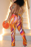 Orange Casual Print Patchwork Deep V Neck Skinny Jumpsuits