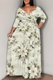 Apricot Casual Print Patchwork Strap Design V Neck Long Plus Size Dresses