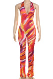 Orange Casual Print Patchwork Deep V Neck Skinny Jumpsuits
