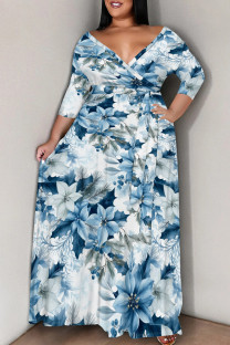 Blue White Casual Print Patchwork Strap Design V Neck Long Plus Size Dresses