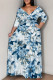 Blue White Casual Print Patchwork Strap Design V Neck Long Plus Size Dresses
