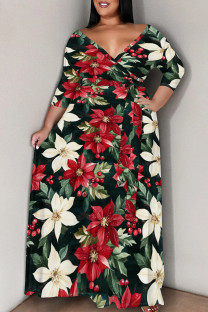 Red Green Casual Print Patchwork Strap Design V Neck Long Plus Size Dresses