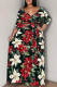 Red Green Casual Print Patchwork Strap Design V Neck Long Plus Size Dresses