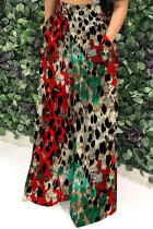 Red Green Casual Print Pocket Patchwork Loose High Waist Wide Leg Full Print Bottoms