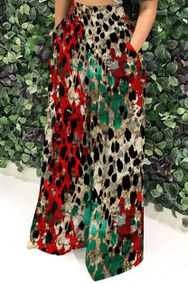 Red Green Casual Print Pocket Patchwork Loose High Waist Wide Leg Full Print Bottoms