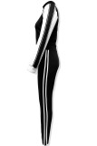 Black Casual Patchwork Zipper Contrast Zipper Collar Long Sleeve Two Pieces